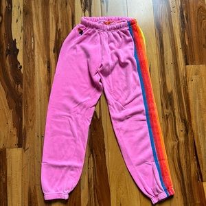 Aviator Nation 5 Stripe Sweatpants -Neon Pink/ Neon Rainbow Sz Small
